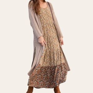 NATURAL LIFE Lucia Boho Tiered Maxi Dress Tan Floral Size Medium